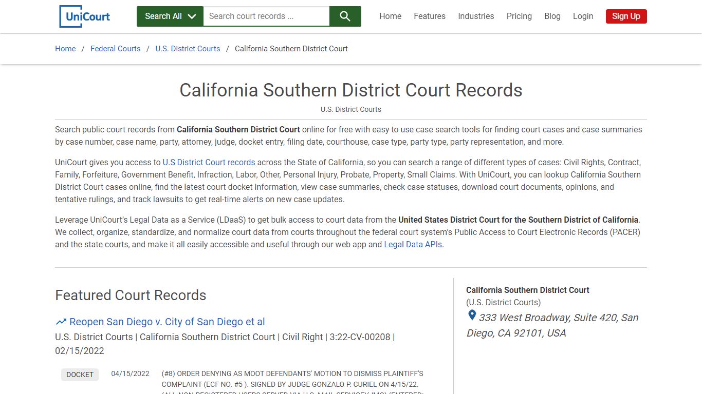 California Southern District Court Records | PACER Case Search | UniCourt